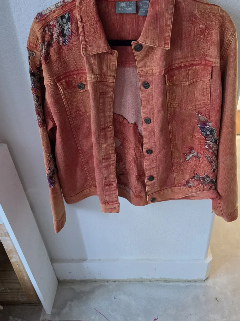 Chico's Burnt Orange Embroidered Denim Jacket - Picture 1 of 7